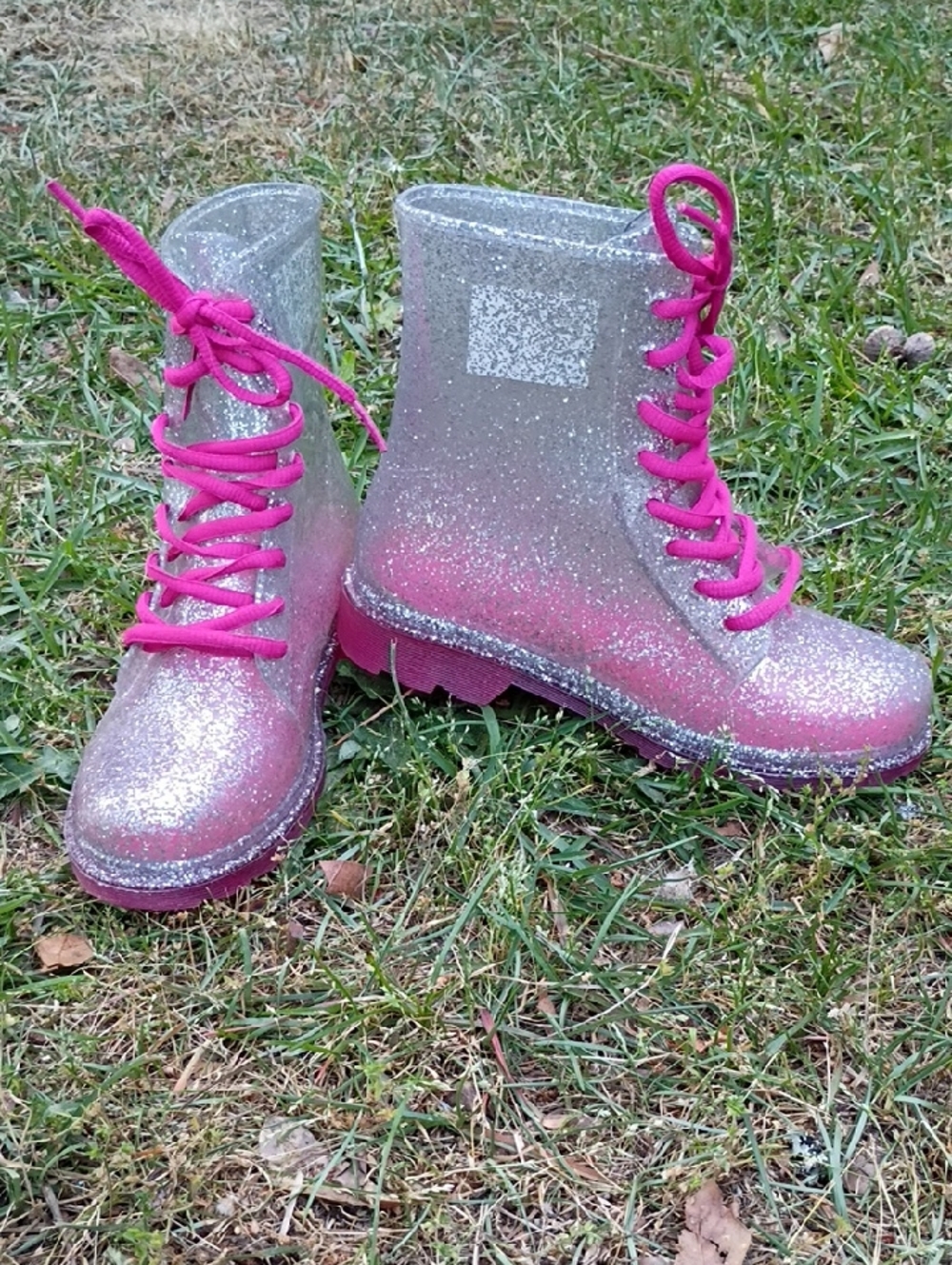 wonder nation Silver Glitter RainBoots with Hot Pink Laces